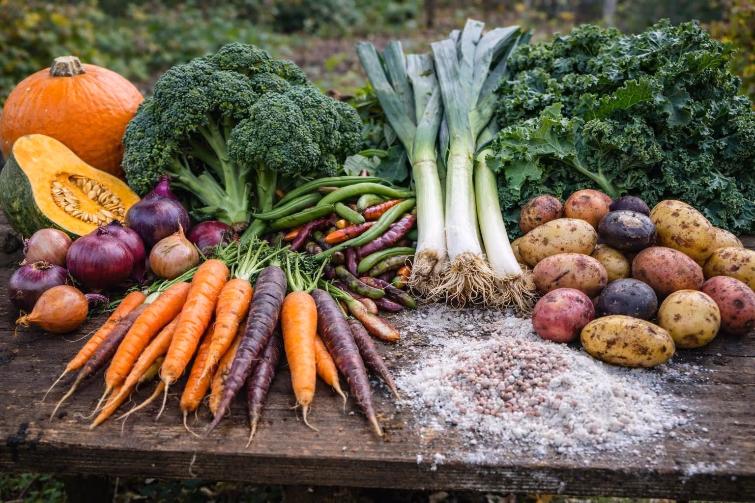 Fresh vegetables on wooden table including carrots, onions, broccoli, leeks, kale, potatoes, beans, and pumpkin slice.